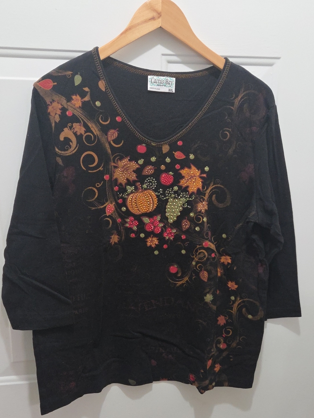 Cactus Bay Black ¾ Sleeve V-Neck Top with Fall Embellishments XXL